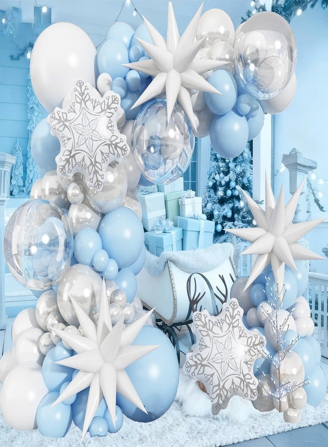 Froova Blue White Christmas Balloon Arch Garland Kit 115Pcs Light Blue Pearl White and Transparent Xmas Balloons, White Snowflake Explosion Star Balloon for Winter Wonderland Holiday Christmas Decor - Image 5
